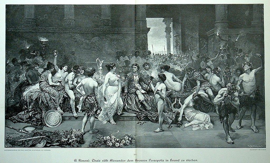 10 Александр Македонскии пирует с гетерами в захваченном Персеполисе. Рисунок Г. Симони.jpg