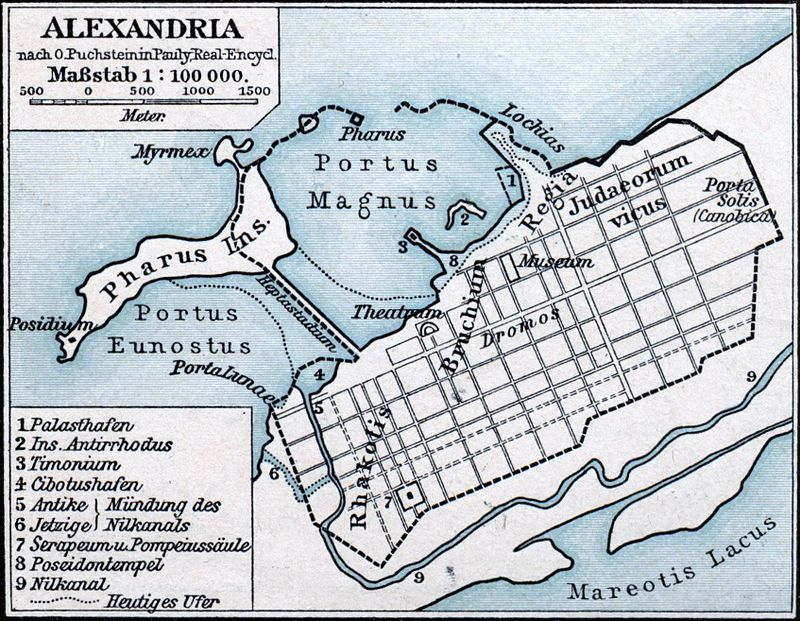 Карта Александрии с районом Брухейон.